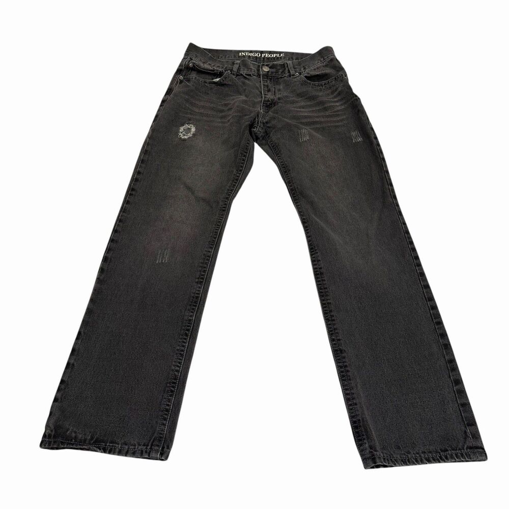 Indigo People Jeans Charcoal Wash Embroidered Straight Distressed‎ 34x34